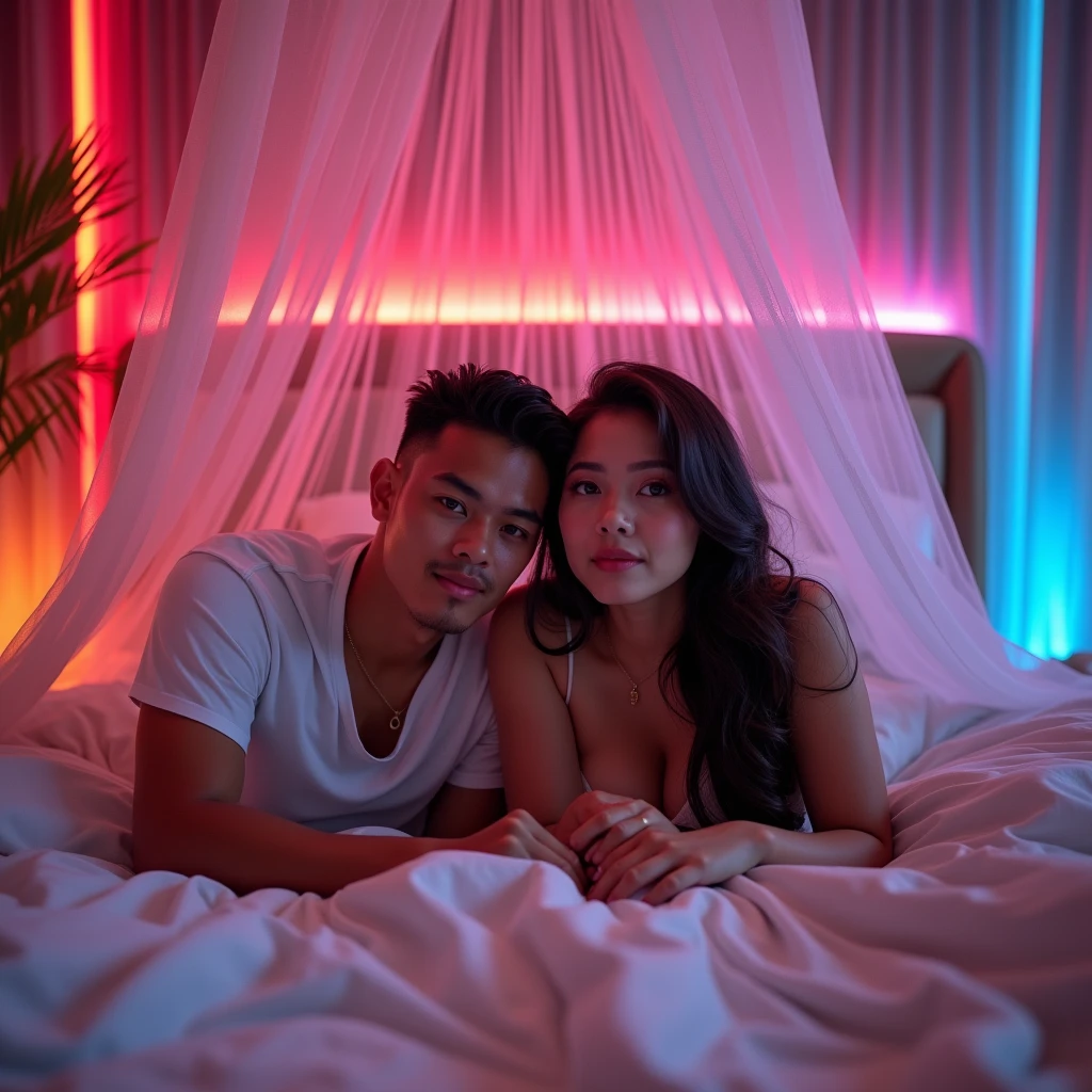 Indonesian couple. The man is a normal body, With The woman is a little chubby and huge breasted, The luxurious bedroom is decorated with a mosquito net with RGB neon backlight as a background detail, lying on the pillow together under the fluffy white blanket. Look at the viewer, natural light, realistic photography, wide angle shot from top.