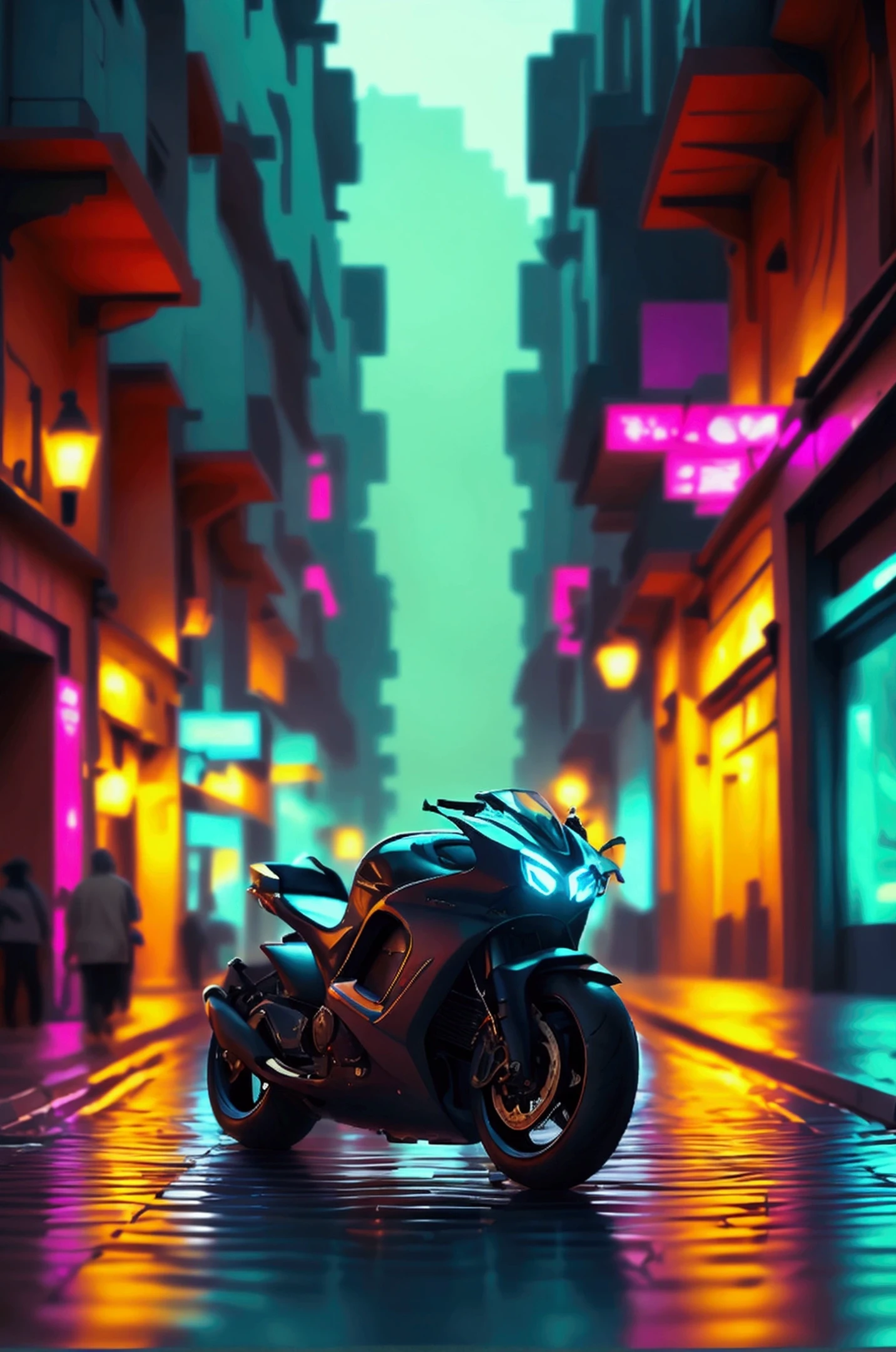 ((masterpiece)),((Best Quality)),((High detail)),((realist,)) Futuristic era city, deep throats in the middle, architectural streets, bazaars, bridges, cyberpunk, european architecture, rainy night, neon, futuristic motorcycle