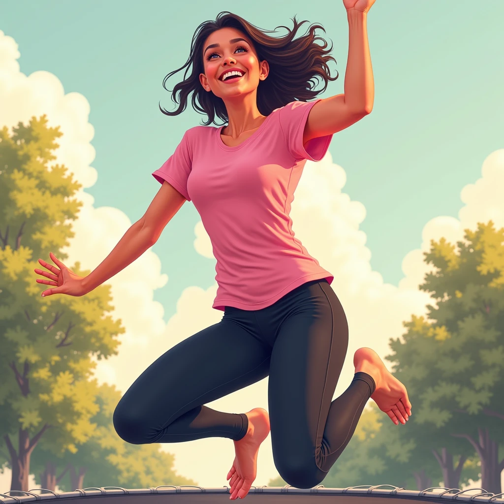 best quality, masterpiece, fill frame, zoomed out, cell shading art, poster of young woman, small breasts, wearing plain pink tshirt and long black leggings, smile while jumping on trampoline, perfect fingers, perfect hands, perfect face, perfection, no background