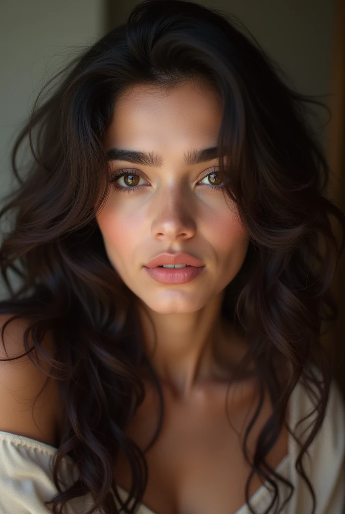 20 years old cute Pakisthani girl with long curly darkish brown hair and pale skin with dimple and blakish brown eyes