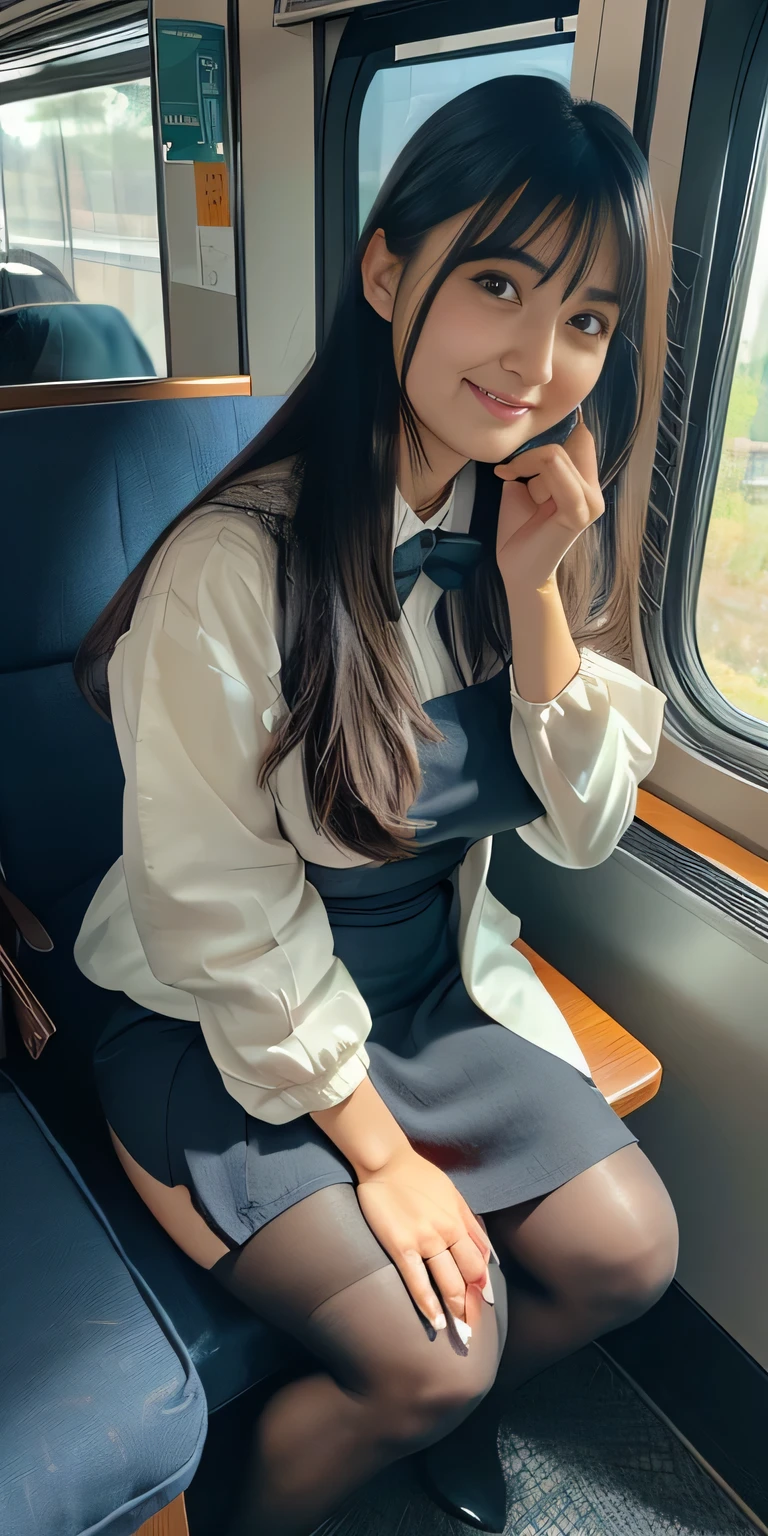 (((Sit well))), Beautiful Japanese woman sitting on a train seat, Taken from the opposite seat, Knee height seat, View Photographer, Tall Woman, One Woman, Full body to toes, (A happy expression to see), skirt, High heels, Wearing pantyhose, ((Highest quality)), ((Intricate details)), ((Surreal)), Mature Woman, Very detailed, (Extremely large breasts bigger than a face), Perfect hands, Finger details, Beautiful and detailed, Long black hair, Brown eyes, Detailed Background, Perfect Eyes, Captivating eyes, Random Hairstyles