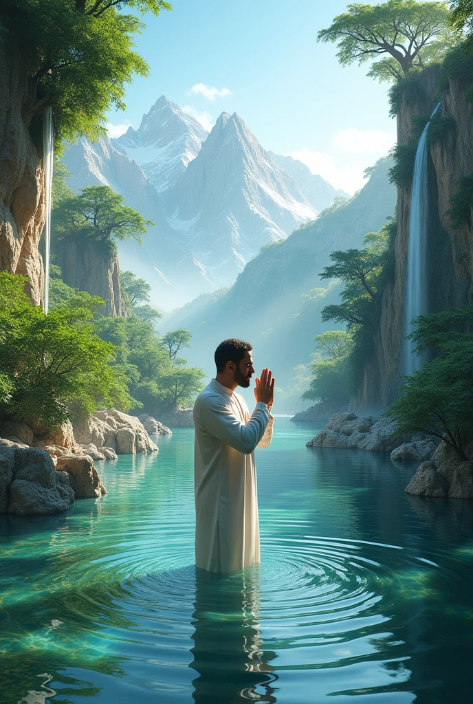 a dream arabian jungle valley and mountain were beautiful water pound and pound side arabic adult man wash the face on water pound