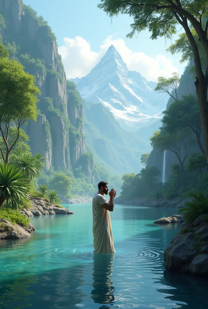a dream arabian jungle valley and mountain were beautiful water pound and pound side arabic adult man wash the face on water pound