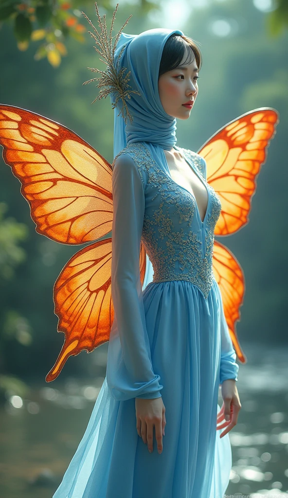 a most beautiful Chinese woman named Cikgu Soon wears blue beautiful butterfly turtleneck unitard catsuit with a pair of beautiful orange butterfly Wings.She wears a hijab-like hood.Her hijab-like hood has a pair of antennae