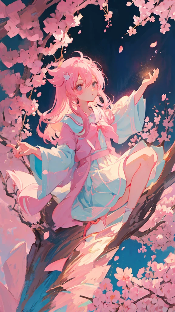 Pink undertone,Anime style,Cherry blossoms,Cherry blossoms树,Simply cute,Pure Landscape,No characters,Q version,Hand Painted