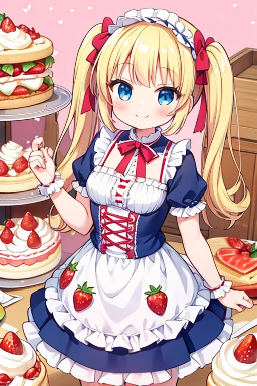 A happy smile,Large strawberry shortcake,Strawberry whole cake,eats,Highest quality,Blonde with blue eyes、Lolita、Small breasts、Twin tails、girl'enjoy,smile,bonnet,