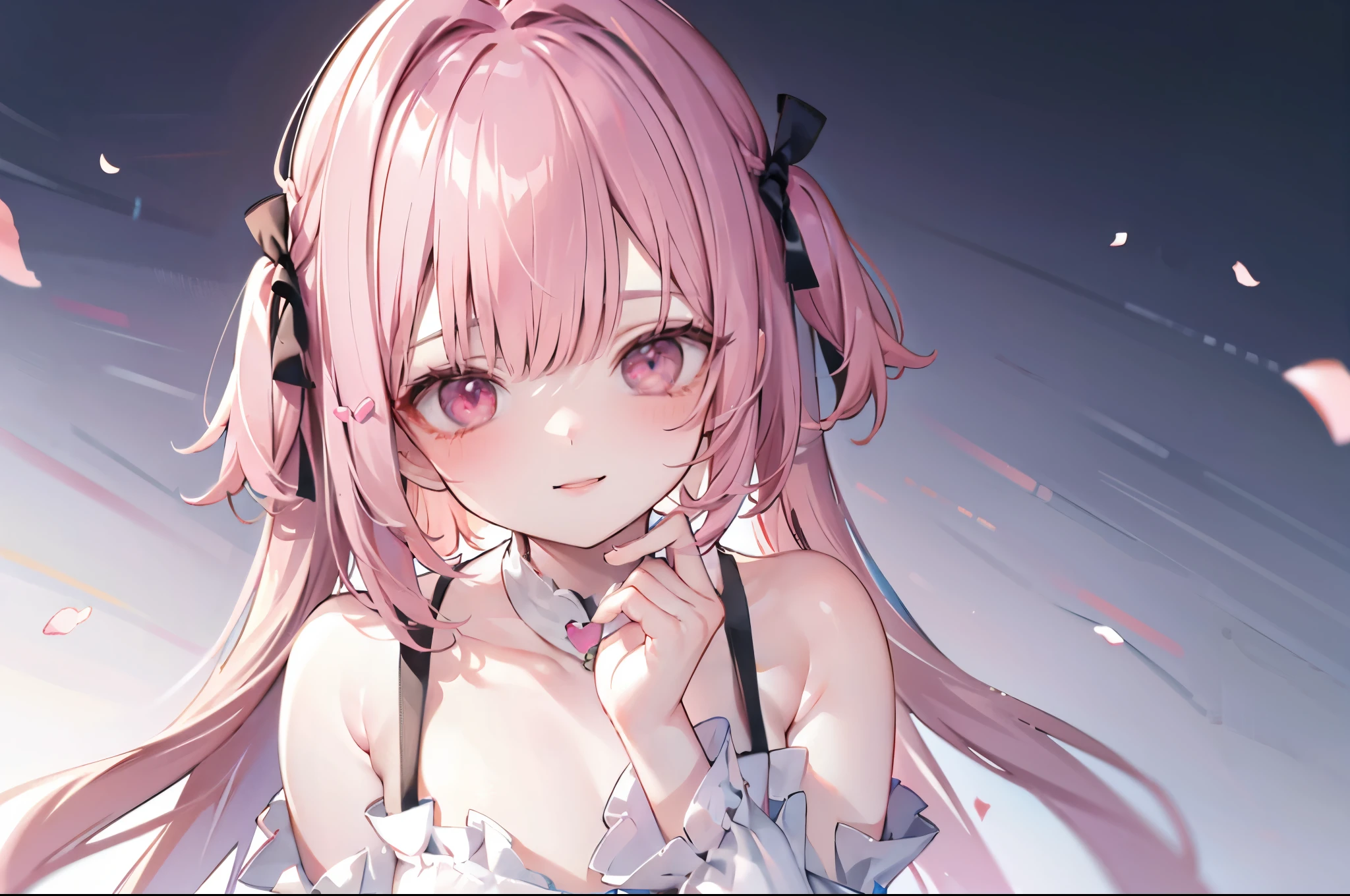 high resolution,smile,woman,woman1人,adult,Clear,cute,Put your hand on your cheek,
open smile,
White ruffled blouse,
blunt bangs,Pink Hair,wavy hair,long hair,BREAK,
((Beautiful detailed shining pink eyes))
Ring of Hearts,Sparklingのピアス,BREAK,
Facing forward,Sparkling,BREAK,Pink hearts on a white background,