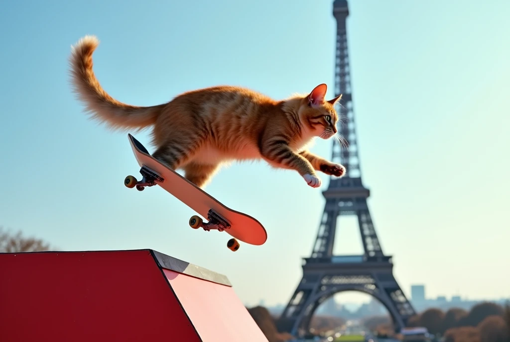 Paris 2024 Olympic Games,Realistic photo of a Maine Coon cat jumping off a tall skateboard ramp, The Eiffel Tower is visible in the background.