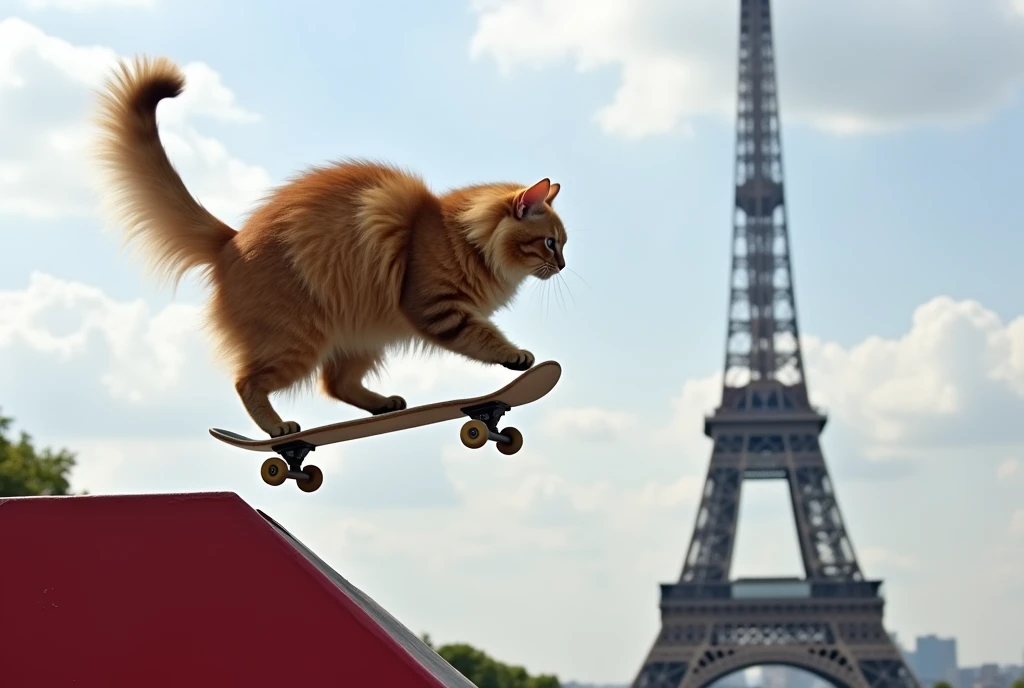 Paris 2024 Olympic Games，Realistic photo of a Maine Coon cat jumping off a tall skateboard ramp, The Eiffel Tower is visible in the background.