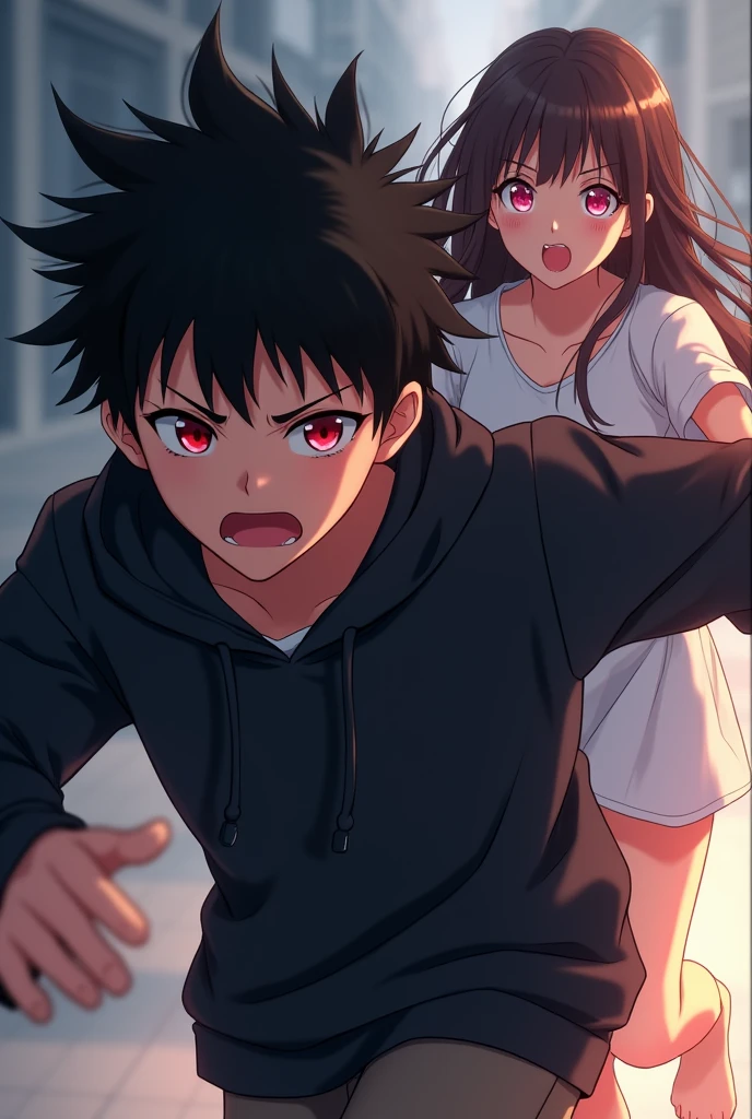 A boy ((( Anime boy , Spiky hair , black hair , black hoodie , blood red eyes , narrowed eye
))) , A girl ((( Anime girl , brown hair , long hair , pink eyes , friendly eyes , white long sleeve t shirt , open shoulders ))) , boy running away from the girl