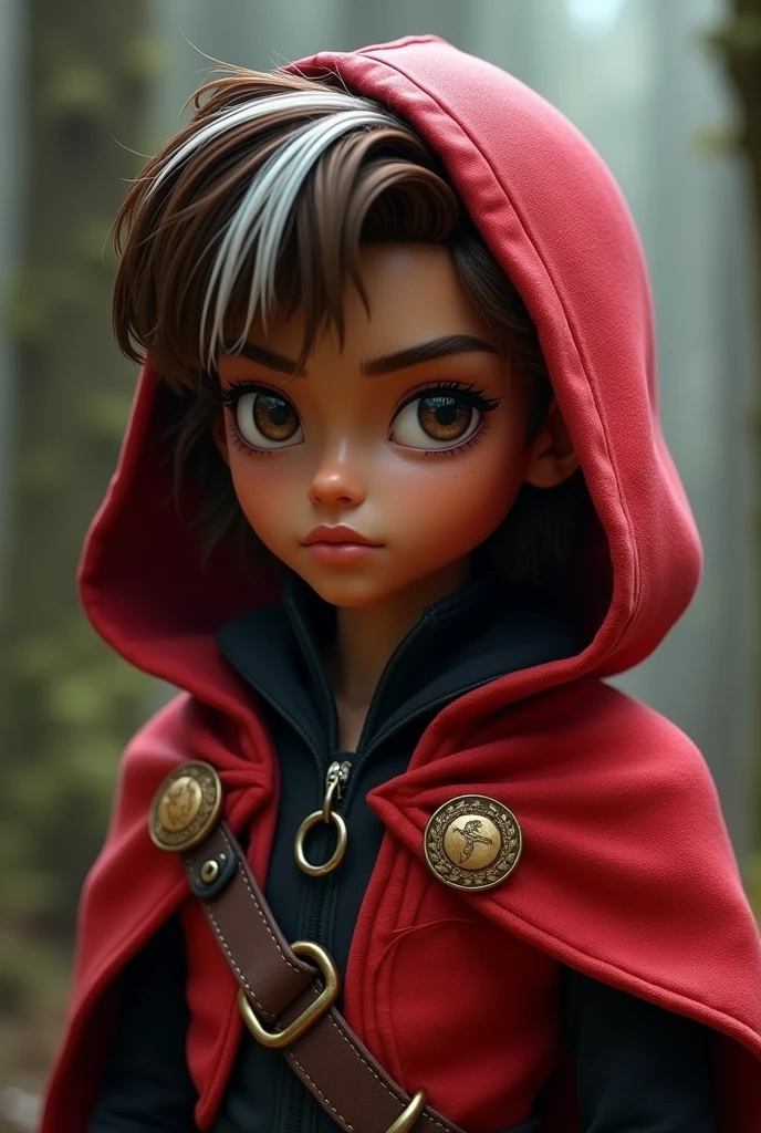 Imagem do filho da Cerise Hood e da Cedar Wood de Ever After High: A serious age boy, with brown hair with white streak, light brown skin, dark brown eyes, red hood, red and black outfit, with wooden elements in the clothes and a black boot