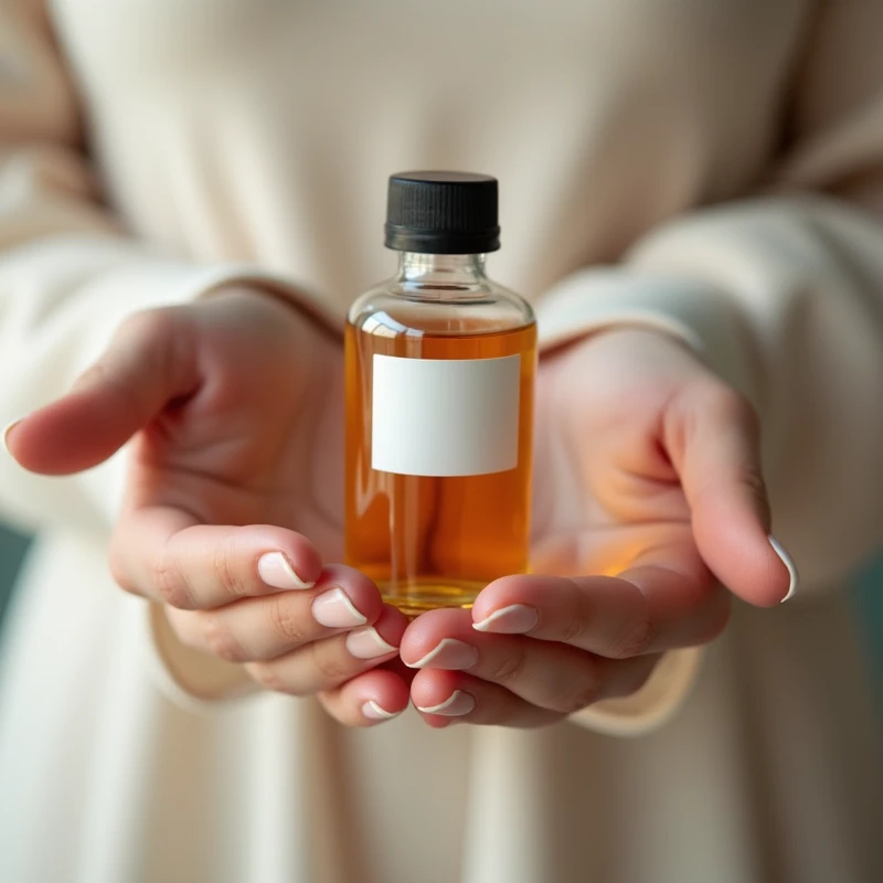 Photo of beautiful hands holding bottle of essential oil