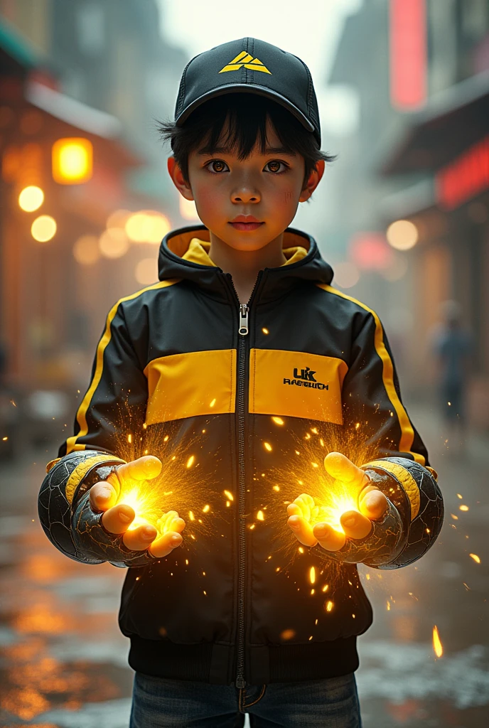 a young real age age . 20 Malaysia Indonesia. (Yello eyes) . wearing an (black yellow ) zip-up shirt, (black yellow ) cap with small (mountain) logo, detailed face, cinematic lighting, dramatic atmosphere, vibrant colors, 8k, high quality, photorealistic. Hero suit. (Earthquake)come from his hand.wear two big gaunlet made from cracking rock color black yellow glowing .jeans pants. Very strong. Future design dress. Very epic