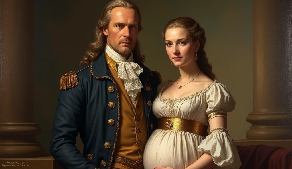 Image Prompt: A portrait of John White in his governor's attire, standing beside Eleanor Dare, who is visibly pregnant, both looking determined and hopeful