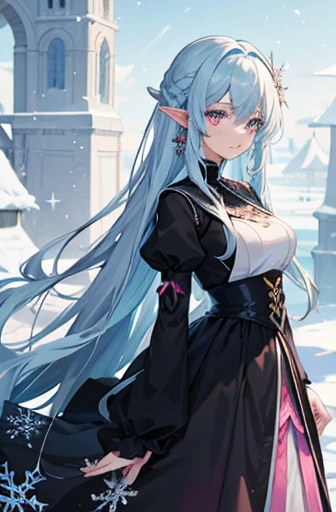 Anime, woman, long hair, pale blue hair, pink eyes, gently, earrings, big , wearing a black dress, beautiful, elegant, pure, fantasy, ice, snowflake, snow land, cool, noble, small smiled, fur coat, elf,