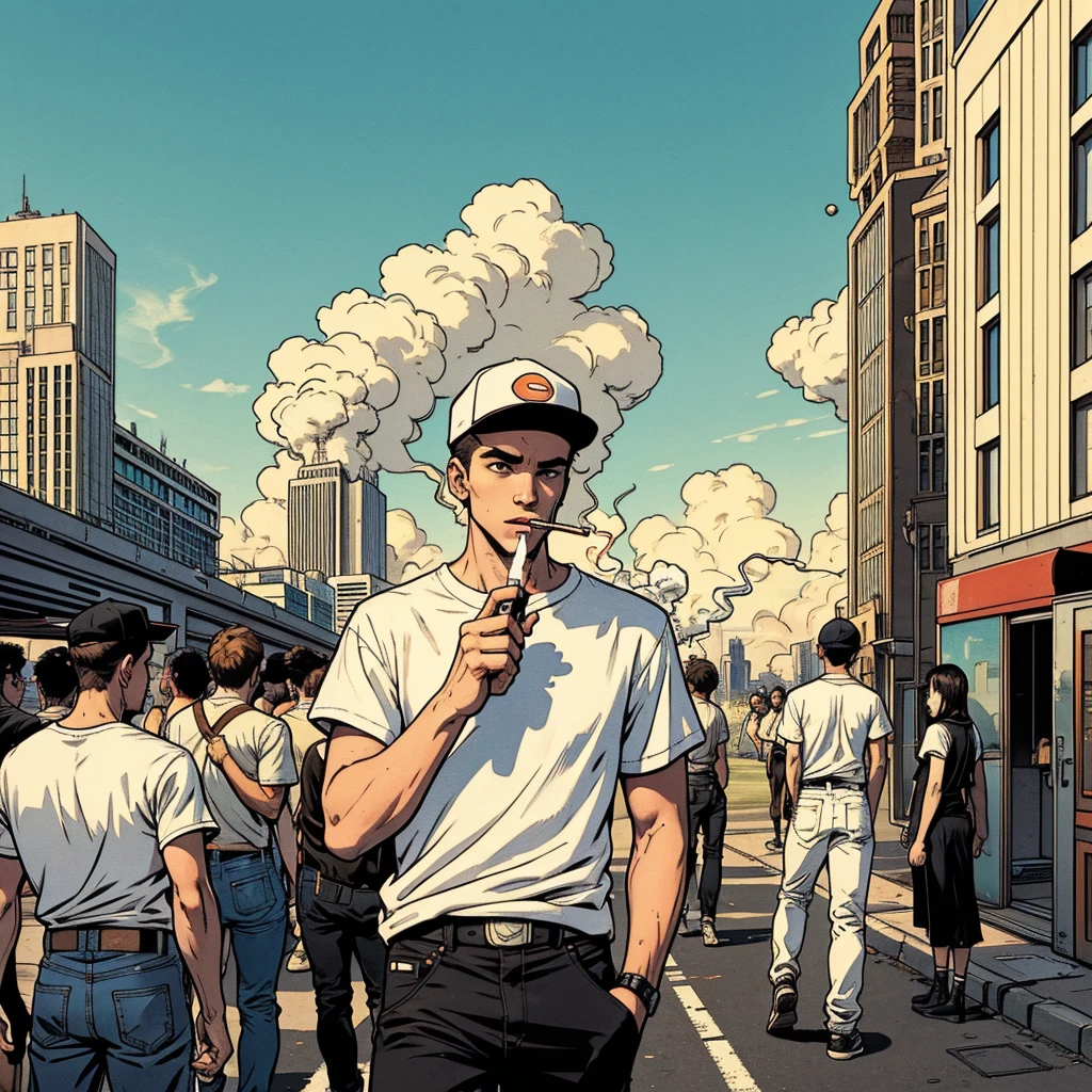 Album Artwork of an urban landscape featuring sunny day and backwards a skinny white youngman in the center swearing a white shirt and a black short and a cap and smoking a joint.