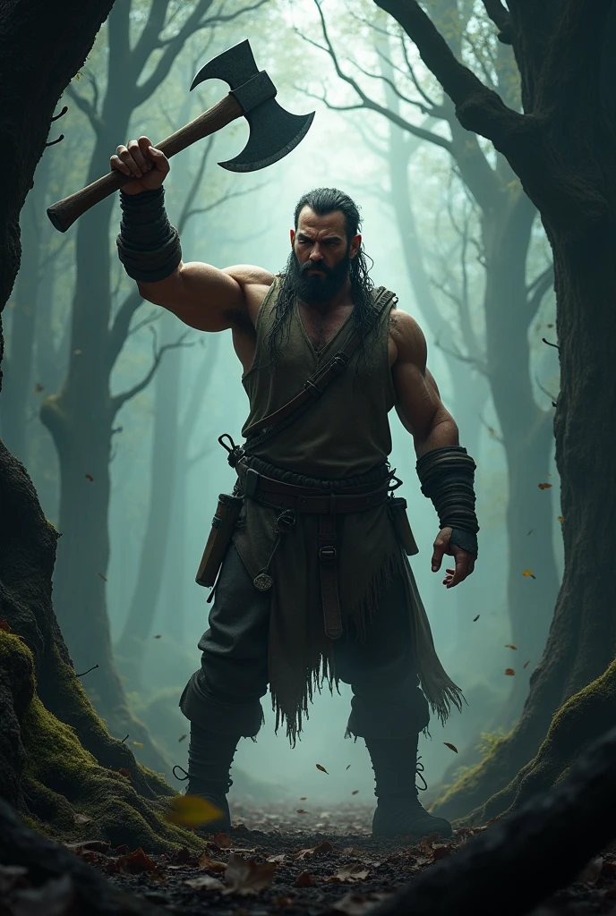 A man with a axe in a dark forest