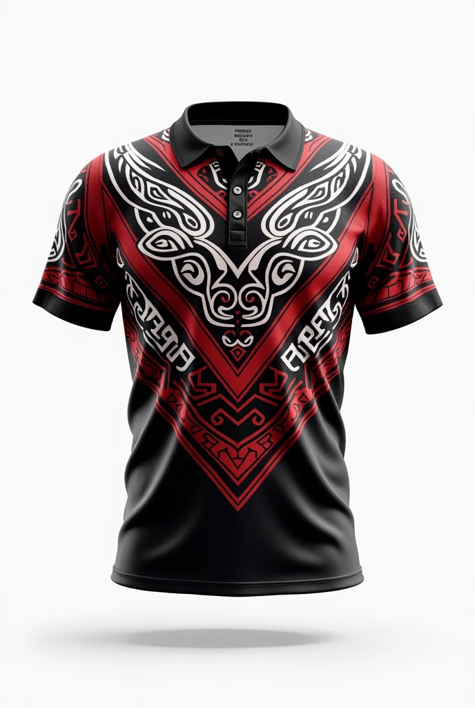 Create rugby jersey maori tribe full pattern black white red at sleeve retro black collar white background front and back design side by two side clear design at centre wrote MSSD BERA RUGBY