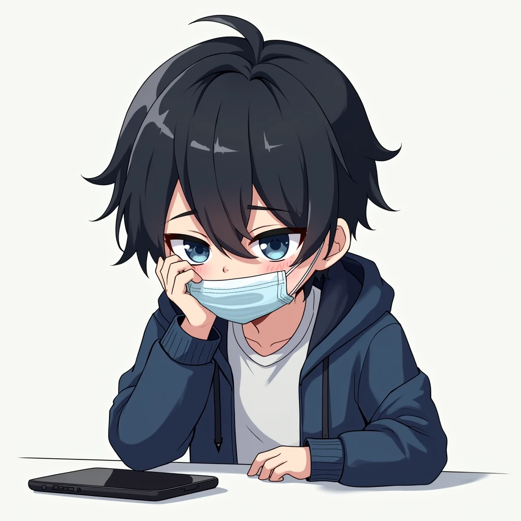 One person,Black Hair, Asymmetrical bangs, Parting the bangs,Blue Eyes,Drooping eyes,White T-shirt,Navy blue jacket,Hide your nose with a mask,smartphone,computer,Simple background,cool,Default,Illness,Confused eyes,Distributor,Chibi Character