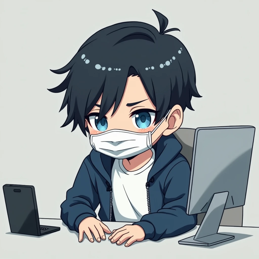 One person,Black Hair, Asymmetrical bangs, Parting the bangs,Blue Eyes,Drooping eyes,White T-shirt,Navy blue jacket,Hide your nose with a mask,smartphone,computer,Simple background,cool,Default,Illness,Confused eyes,Distributor,Chibi Character