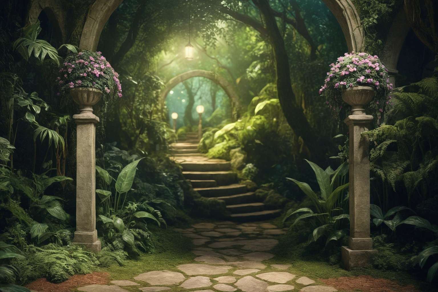 there is a stone path with a stone arch and a lamp, photograph of enchanted garden, art nouveau jungle environment, beautiful render of a fairytale, magical environment, fantasy forrest background, atmospheric fantasy setting, enchanted magical fantasy forest, magical forest backround, stunning arcanum backdrop, archways made of lush greenery, fantasy setting, fantasy forest background, fantasy forest environment