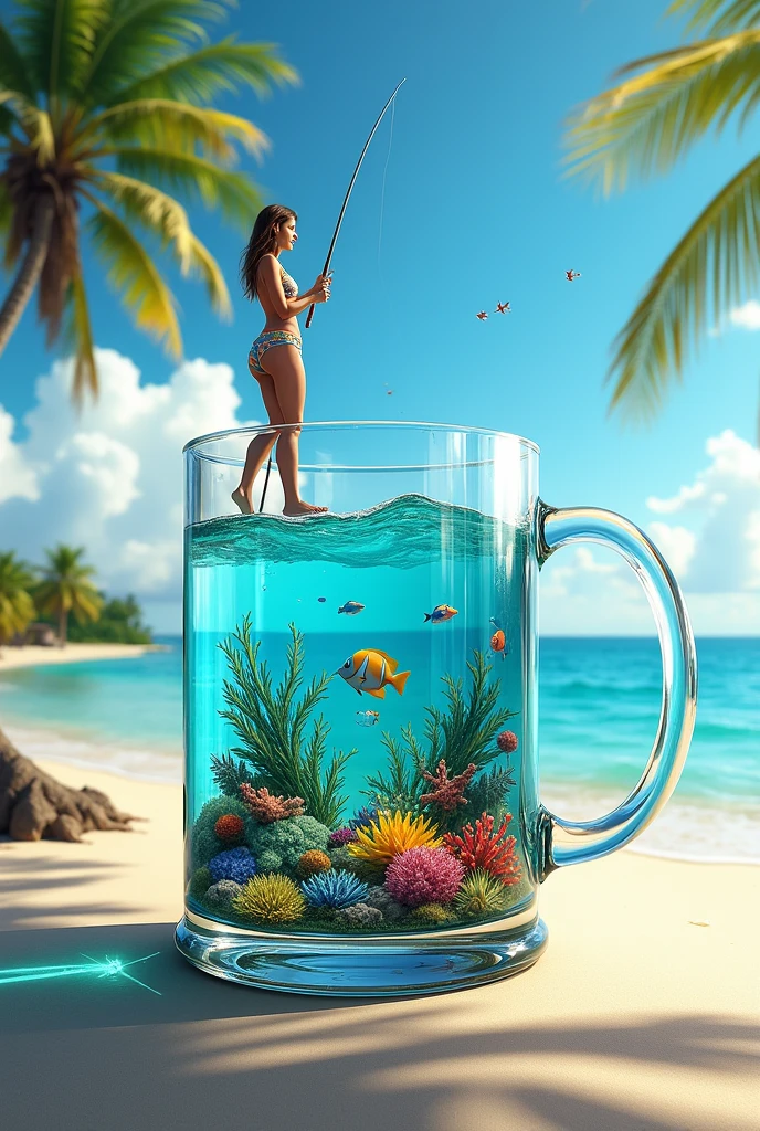 giant glass mug aquarium, tropical beach, sand, crystal clear seawater, colorful tropical fish, coral, seaweed, small pier on mug rim, woman in swimsuit fishing, fishing rod, blue sky, white clouds, palm trees, bright cheerful atmosphere, realistic style, dreamy texture, vibrant colors, miniature underwater world, creative concept, tasteful portrayal, respectful depiction
