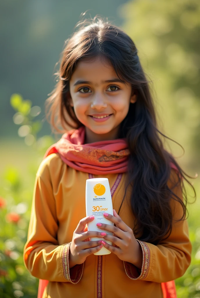 Pakistani girl, holding sunscreen in hands, photography