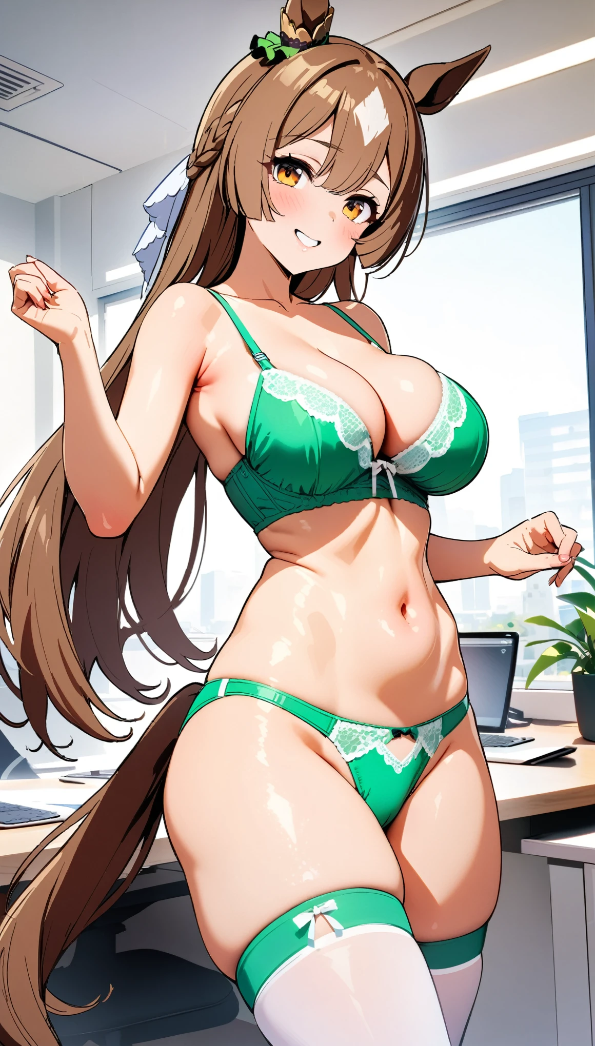 [[One person, Satono Diamond \(umamusume\), umamusume]], Beautiful attention to detail, Close one eye, ((indoor, office, living room),  Curvy, thin, (Thigh-high socks), (Cleavage) , (Sexy pose), (Seductive pose), (Crop Top Belly Button), ((Green Panties), (Green Bra), (In underwear), (Flashy underwear), (lingerie))), (Close-up shot), Slender body,Dynamic Angle, Highest quality, Very detailed, masterpiece, Ultra-high resolution, 8k, ((Horse tail)), smile, Small Ass, Slender body