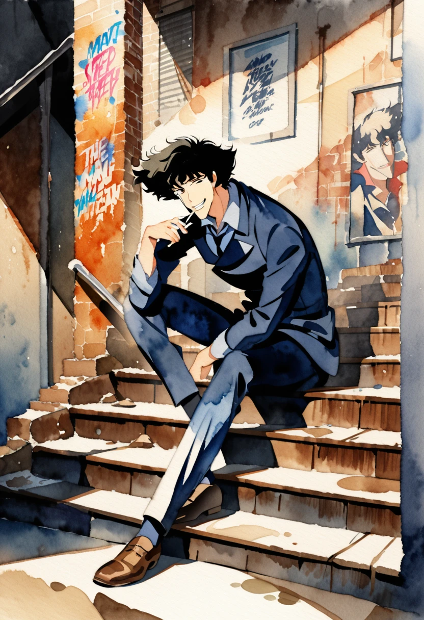 Anime-style Watercolor portrait of a man,A man sits on a steep staircase smoking a cigarette with his eyes closed.Men are Spike Spiegel,brown eyes, smile,black hair,1boy,Navy blue suit, brown leather shoes,The man holds the cigarette between his fingers and puts it in his mouth.Steep stairs with long rusty handrails,Right next to the stairs is the wall of an old building.There are many old posters and English graffiti on the walls.Full body portrait,Side view,Watercolor blur effect,Professional watercolor illustrations,