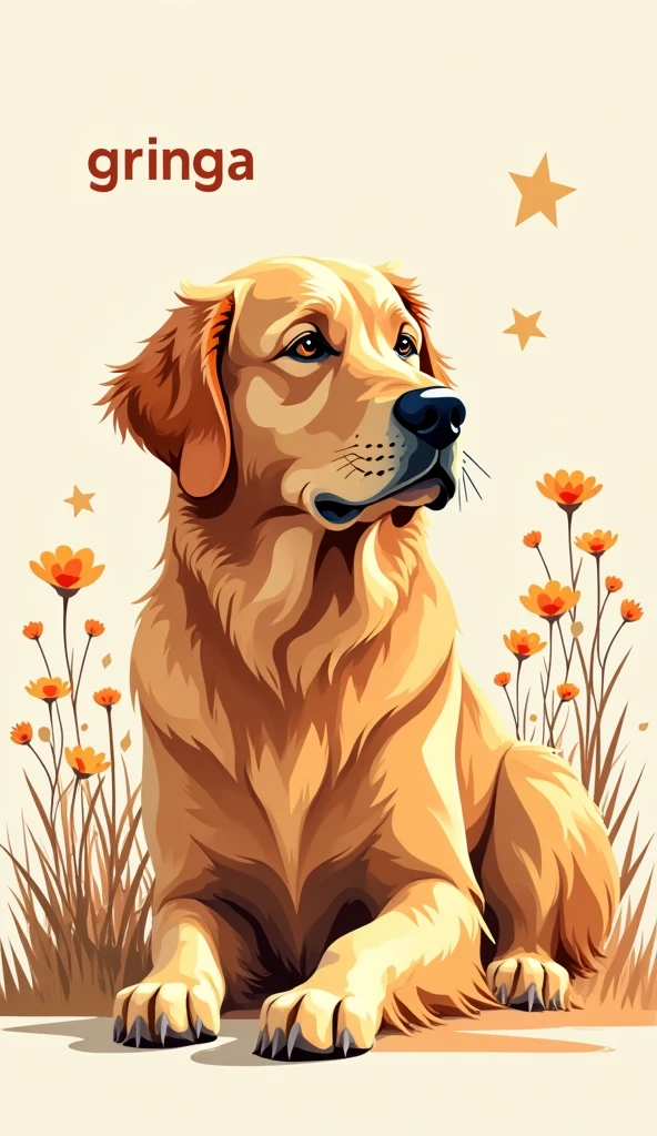 A peacefully majestic dog golden retriever portrayed in abstract vector artwork is depicted against an off-white background in warm colors. Surrounding the fox are delicate wildflowers in a low poly style, with flat outlines and no shadows. The image exudes a sense of tranquility and beauty, with each detail expertly crafted to create a stunning visual experience. This high-quality digital illustration captures the essence of nature and wildlife with remarkable skill and precision. It includes the text “Gringa”integrated into the background.