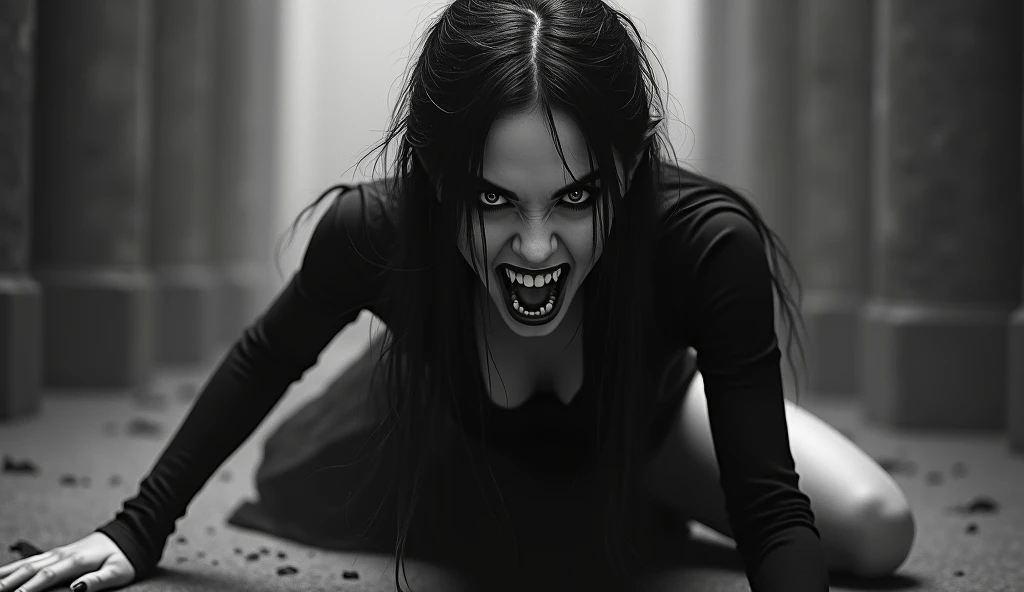 a woman with wide eyes showing her long fangs, dressed all in black, with a scary face and as if she were about to pounce on a black and white background