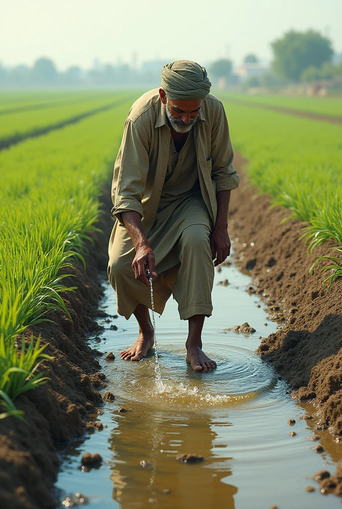 generate a illustration of a pakistani farmer using water for irrigation from poluted canal