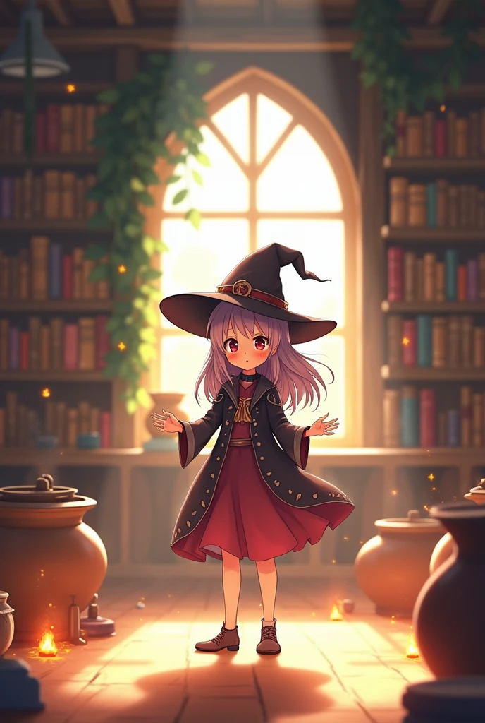 Anime girl young witch try using magic for first time