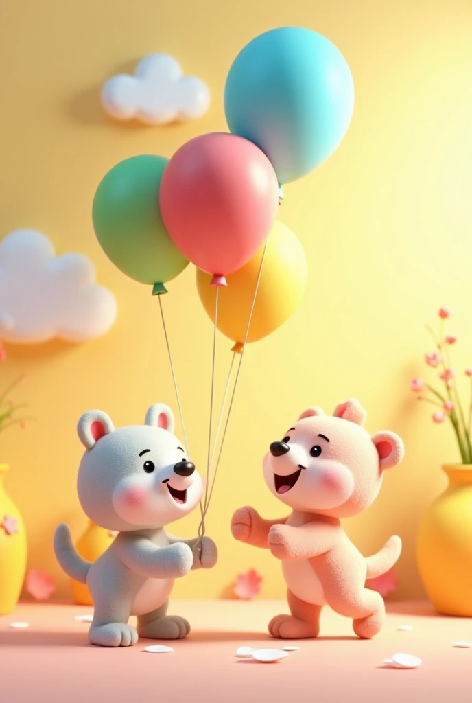 Create in 3d animation style for the kids of age group of the 1-3 years kids"with five engaging elements, like  five colorful balloons 