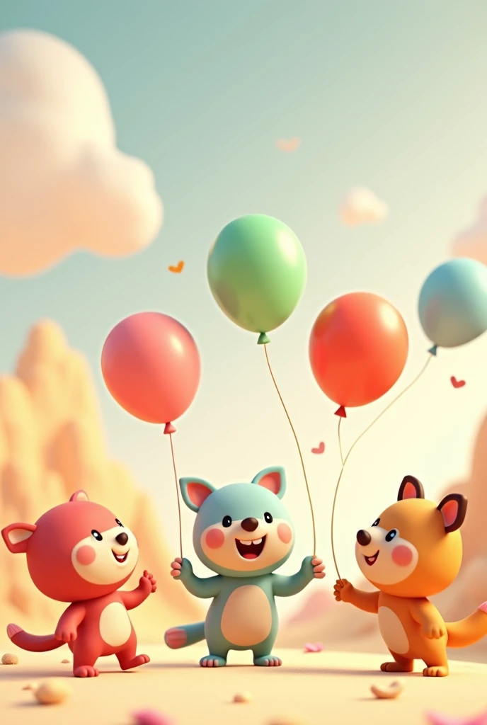 Create in 3d animation style for the kids of age group of the 1-3 years kids"with five engaging elements, like five colorful balloons