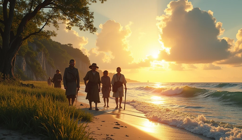 Image Prompt: A hopeful scene of the new settlers arriving at Roanoke Island, with smiles on their faces as they set foot on land, ready to build their new lives, with a bright sun shining overhead.