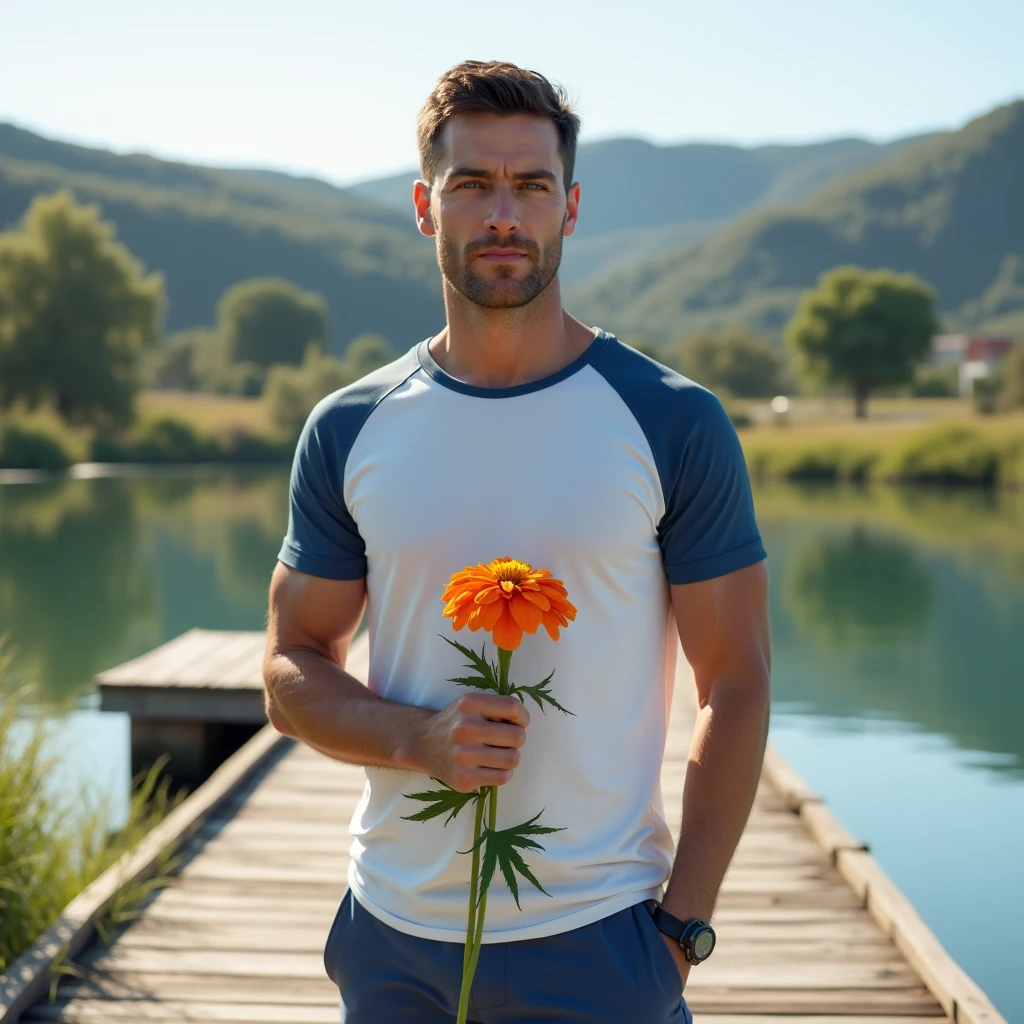 makes image of a white man, at 3, model type, with short dark hair, with blue eyes, wearing a white and blue shirt, pants, on a wooden pier on a lake in Alentejo, from front to camera, holding a marigold.