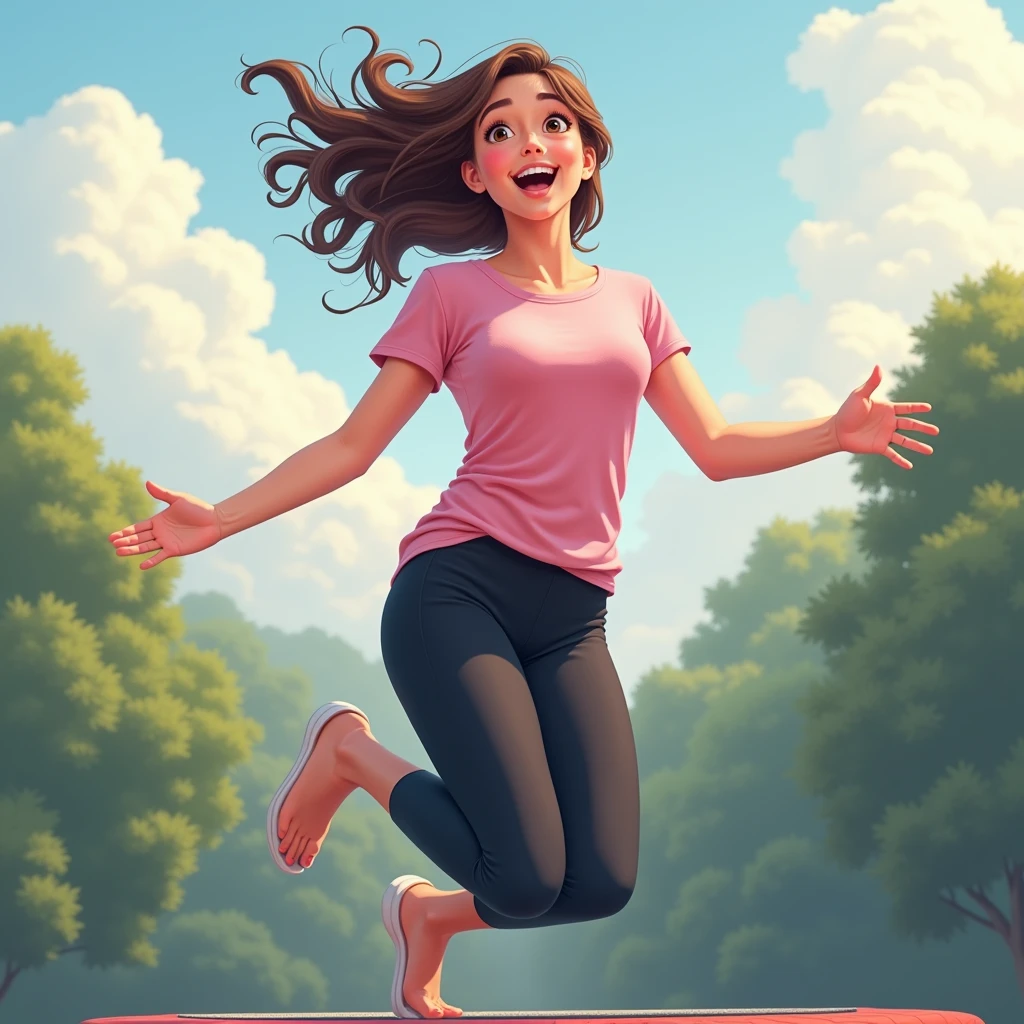 best quality, masterpiece, fill frame, zoomed out, character design, cell shading art, poster of young woman, small breasts, wearing plain pink tshirt and long black leggings, smile while jumping on trampoline, perfect fingers, perfect hands, perfect face, perfection, no background