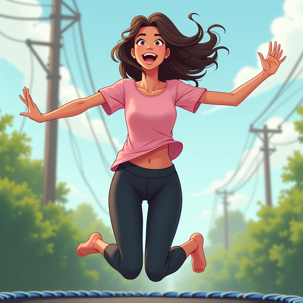 best quality, masterpiece, fill frame, zoomed out, character design, cell shading art, poster of young woman, small breasts, wearing plain pink tshirt and long black leggings, smile while jumping on trampoline, perfect fingers, perfect hands, perfect face, perfection, no background