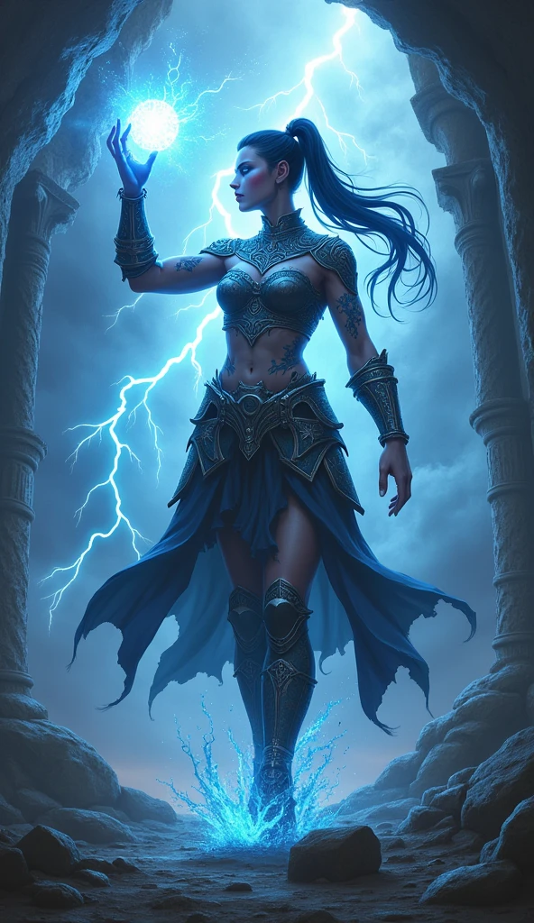 Aletta Ocean, angry evil beautiful and muscular, Nordic female, towering storm Giantess with blue black hair in a ponytail, older and mature woman, throwing a lightning ball, celtic glowing tattoos, wearing silver nordic steel runic plate mail Armour , temple cave background with lightning storm, glowing blue eyes, square jaw, powerful and imposing, winter clothing, pale blue purple skin, ((full plate silver celtic dragon armour)), nordic tattoos with bodybuilder physique