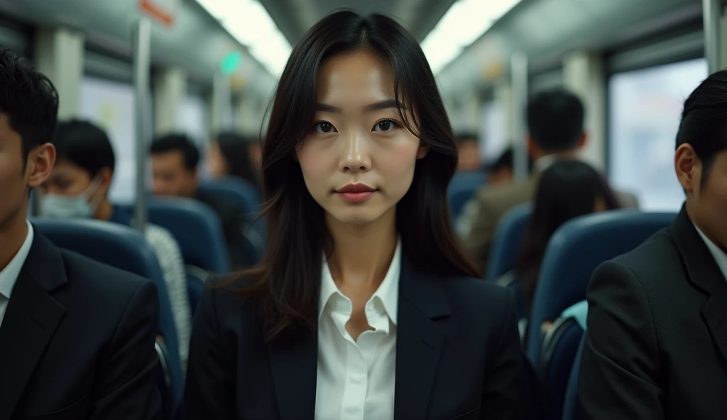 woman in a business suit sitting on a train with other people, a picture by Tadashi Nakayama, pexels contest winner, realism, portrait shot, beautiful asian woman sitting, handsome girl, a young asian woman, young asian woman, girl in suit, japanese model, sat down in train aile, attractive girl, girl in a suit