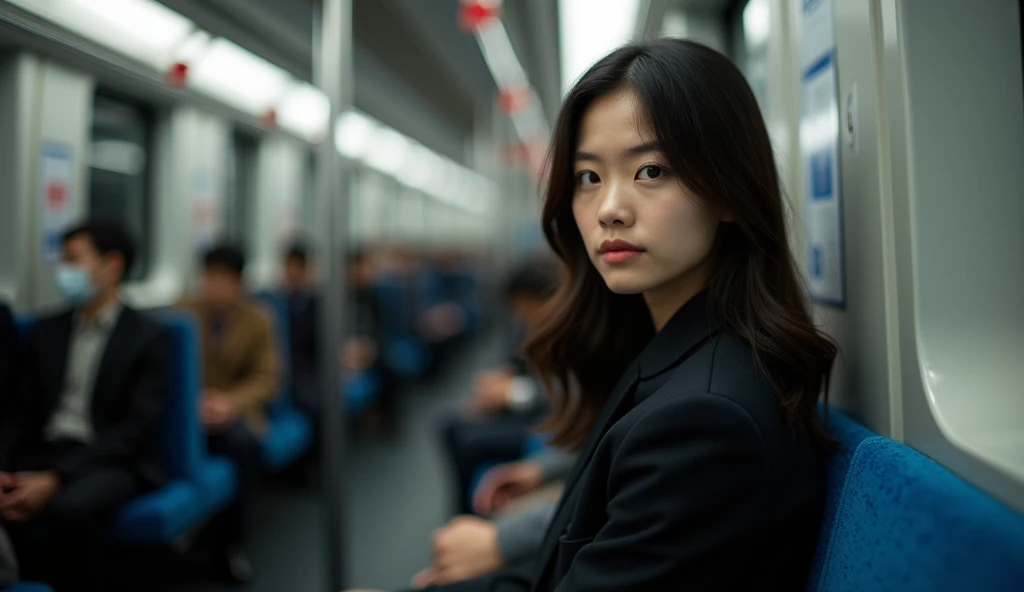 woman in a business suit sitting on a train with other people, a picture by Tadashi Nakayama, pexels contest winner, realism, portrait shot, beautiful asian woman sitting, handsome girl, a young asian woman, young asian woman, girl in suit, japanese model, sat down in train aile, attractive girl, girl in a suit