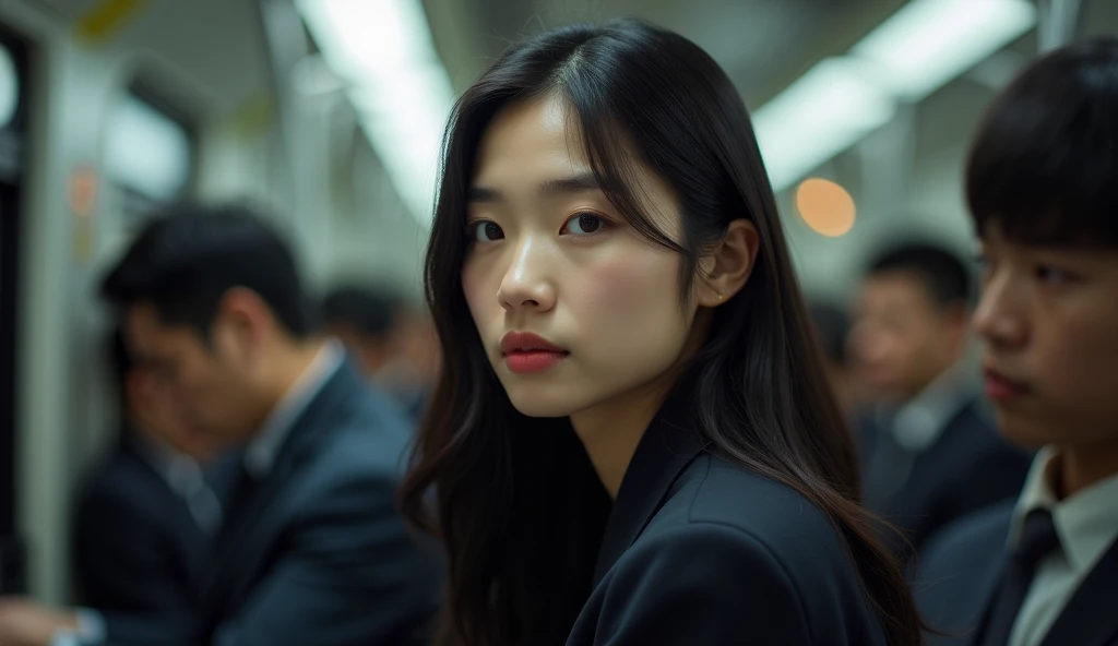 woman in a business suit sitting on a train with other people, a picture by Tadashi Nakayama, pexels contest winner, realism, portrait shot, beautiful asian woman sitting, handsome girl, a young asian woman, young asian woman, girl in suit, japanese model, sat down in train aile, attractive girl, girl in a suit