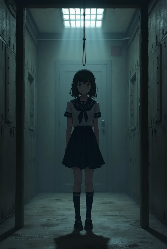 A school girl with navy blue knee high socks was executed by hanging in a prison execution room on a gallows realistic