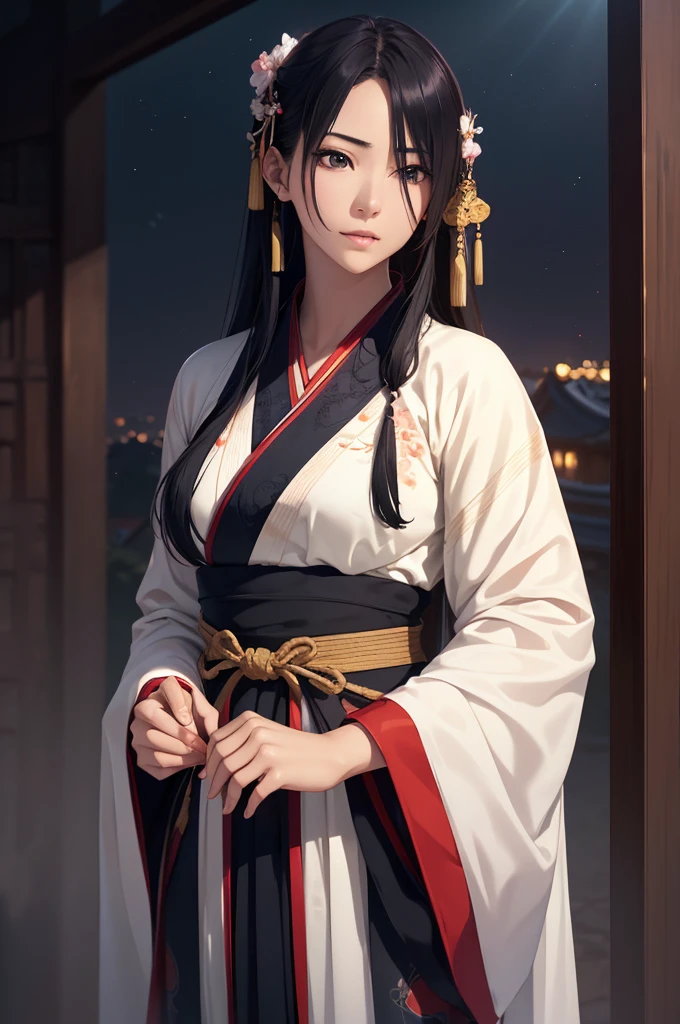 Starry sky and fog cover the landscape.Rich historical background. (Highest quality,4K,8k,High resolution,masterpiece:1.2), Very detailed, (Realistic,Realistic,Photorealistic:1.37), High resolution, Hyper HD, Studio Lighting, Ultra-fine painting, Sharp focus, Physically Based Rendering, Very detailed説明, Professional, Vibrant colors, Bokeh, Sports Late, Ancient War Landscapes, Traditional Chinese Painting Techniques, Atmospheric lighting, Vivid color contrast, Visually stunning composition, Ethereal atmosphere,Very detailed目と顔, Beautiful attention to detail, Light on the face, (Hanfu: 1.1),Her breasts are visible