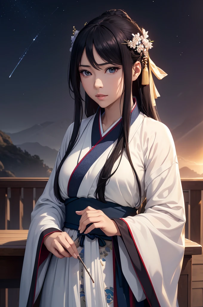 Starry sky and fog cover the landscape.Rich historical background. (Highest quality,4K,8k,High resolution,masterpiece:1.2), Very detailed, (Realistic,Realistic,Photorealistic:1.37), High resolution, Hyper HD, Studio Lighting, Ultra-fine painting, Sharp focus, Physically Based Rendering, Very detailed説明, Professional, Vibrant colors, Bokeh, Sports Late, Ancient War Landscapes, Traditional Chinese Painting Techniques, Atmospheric lighting, Vivid color contrast, Visually stunning composition, Ethereal atmosphere,Very detailed目と顔, Beautiful attention to detail, Light on the face, (Hanfu: 1.1),Her breasts are visible