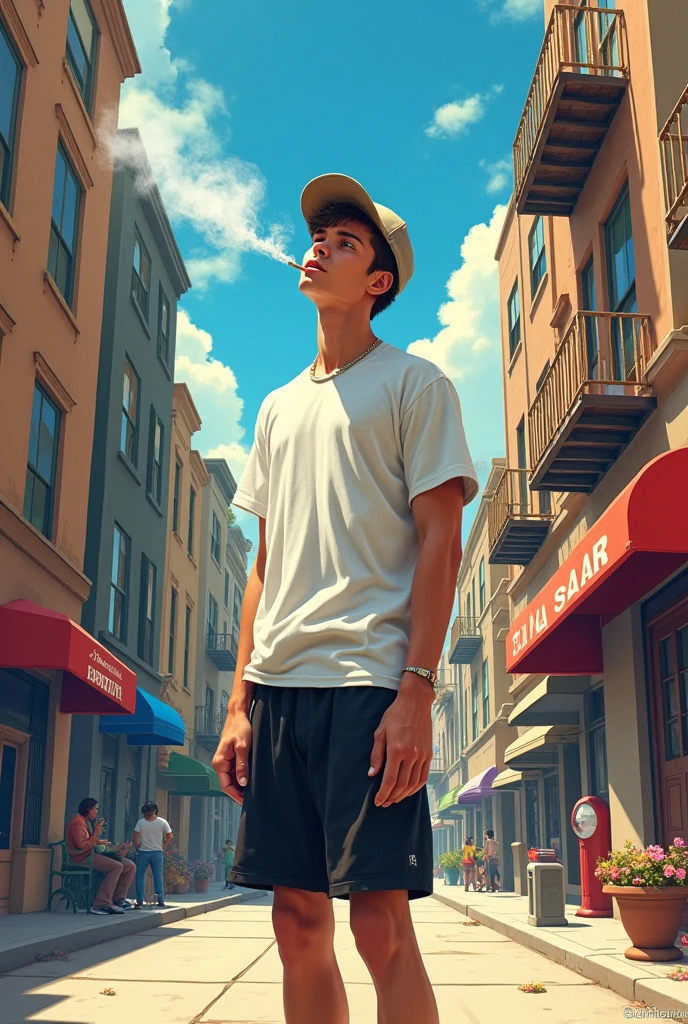 Album Artwork of an urban landscape featuring sunny day and backwards a skinny white boy in the center swearing a white shirt and a black short and a cap and smoking a joint.