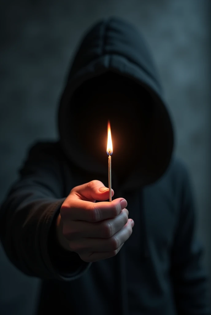 In 3d animation style-Image Prompt 5: A close-up of a person holding a lit match, with their hand trembling. The matchstick is burning out quickly, representing the fleeting hope and energy. Behind the person, the shadow of someone they trusted looms large, symbolizing betrayal. The background is dark, with the small flame of the match providing the only light, highlighting the tension and sadness in the scene.