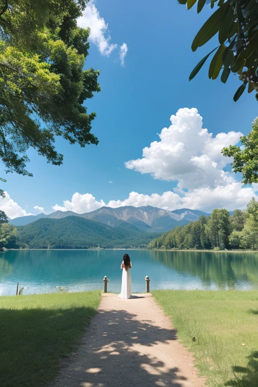 horizontally elongated, a woman in her 20s facing away in the distance in the middle, surrounded by a lake and forest, clear blue sky with some clouds