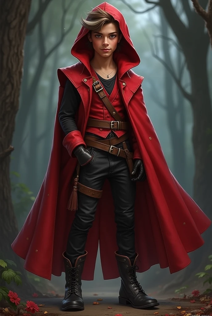 Imagem do filho da Cerise Hood e da Cedar Wood de Ever After High: An older teenage boy, with brown hair with white streak, light brown skin,  dark brown eyes, red hood, red and black outfit, with wooden elements in the clothes and a black boot